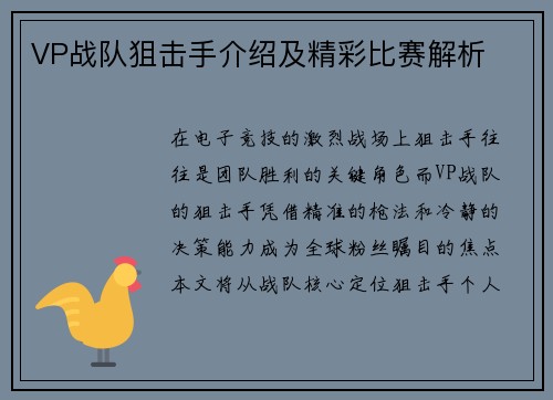 VP战队狙击手介绍及精彩比赛解析