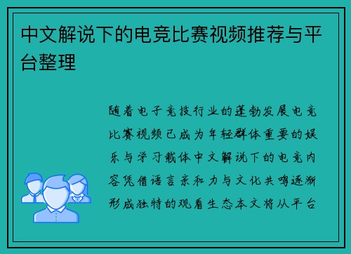 中文解说下的电竞比赛视频推荐与平台整理