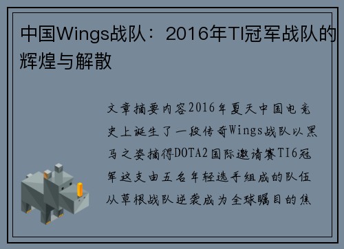 中国Wings战队：2016年TI冠军战队的辉煌与解散